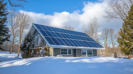 House with solar panels on roof covered in snow on a bright winter day scene