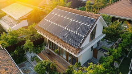 Modern home featuring solar panels on the roof surrounded by lush greenery