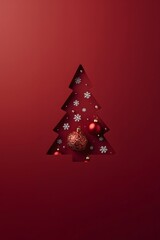 Merry Christmas celebration card design with red fir tree and winter snowflake decoration on red background