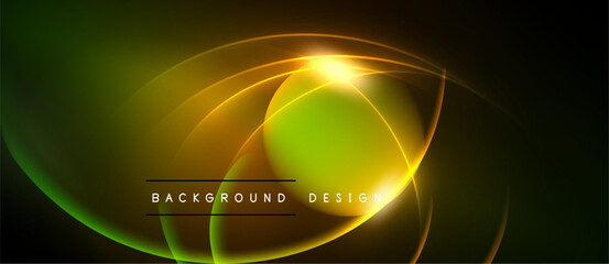 Abstract neon lights form circular shapes. Bright yellow center glows against dark green backdrop. Text reads background design.