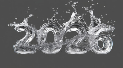 Dynamic 2026 numbers formed from splashing water and droplets against a dark background. The year 2026 is creatively represented by liquid water splashes and droplets, suggesting freshness.