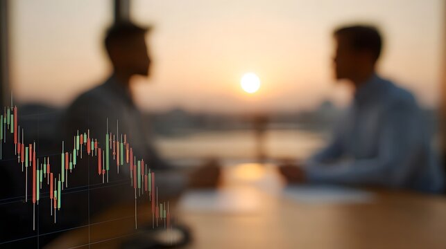 Business people meeting at sunset with a downward trending financial market graph