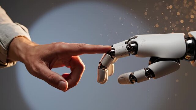 An engineer works on a robot arm and a futuristic AI project. This man develops a network represented by a glowing orb. The engineer assembles the robot arm, focusing on the future of technology and A - Powered by Adobe