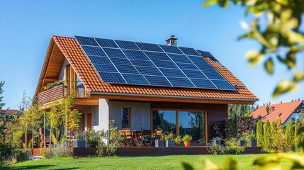 Modern house with solar panels on the roof and a beautiful garden in summer day