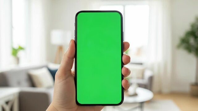 Person Holding Smartphone with Green Screen in Bright Modern Living Room