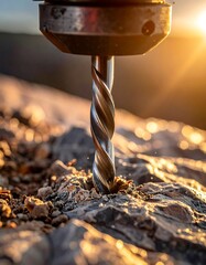 Close-up of a drill bit piercing stone, with the sun setting in the background creating a golden glow