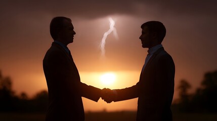 Dramatic sunset handshake between two professionals under a lightning storm symbolizes a powerful agreement and future partnership