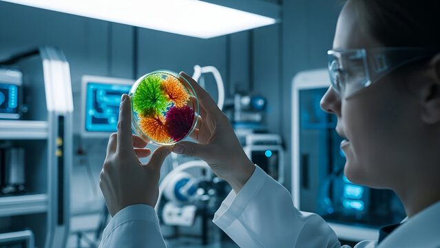 Researcher analyzing vibrant microbial culture in petri dish, driving scientific discoveries in modern lab for medical advancements - Powered by Adobe