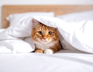 Adorable ginger kitten peeking out from under a soft white duvet cover