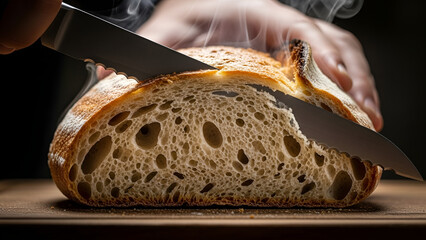 Savor the moment slicing into freshly baked artisanal sourdough bread with steam rising, a delicious, wholesome indulgence for food lovers