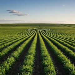 Vast, sun-drenched organic fields showcasing sustainable agriculture with rows of vibrant green plants thriving under clear skies ,plant ,vast ,pure
