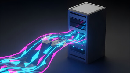 Visualize data flow with a modern server setup and vibrant neon connections, perfect for showcasing technology solutions with style