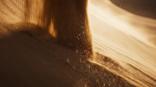 Extreme close-up slow motion shot of fine desert sand grains rapidly falling down a massive dune slope being continually reshaped by wind transience, highcontrast, movement