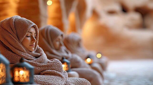 Two women, wrapped in towels, relax in a spa-like setting, illuminated by candles and warm lighting. The scene evokes tranquility and wellness.
