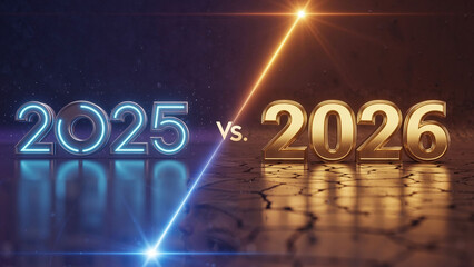Year 2025 in blue neon versus 2026 in golden metal, symbolizing competition and future outlook. Business challenge and new year concept.