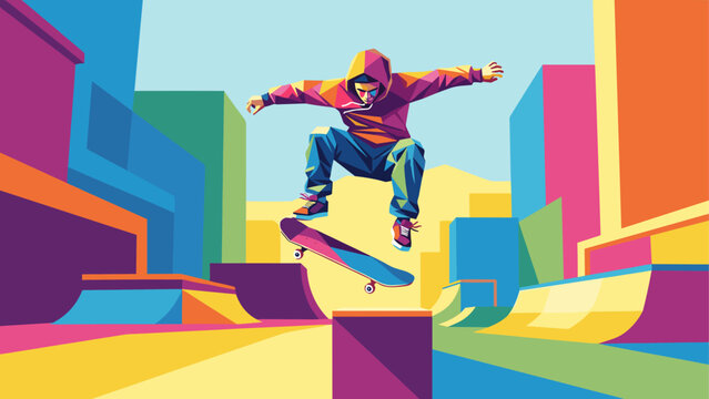 Vibrant urban skateboarding scene with dynamic tricks in colorful geometric cityscape