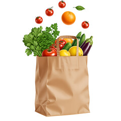 Paper bag full of fresh healthy groceries isolated on black background