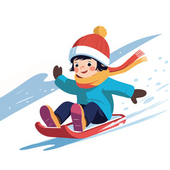 a child character wearing a beanie and scarf sledding down snowy hills