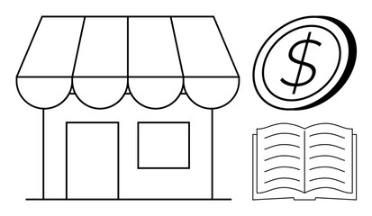 E-commerce, retail, education, savings, financial literacy, business strategy. A small storefront with a dollar coin and open book in black-and-white design. E-commerce and retail concept