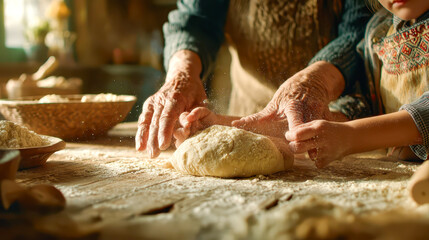 Generations bonding while making bread dough on a rustic kitchen table with sunlight