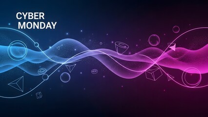 Cyber Monday graphic with blue and pink waves and geometric shapes on a dark background.