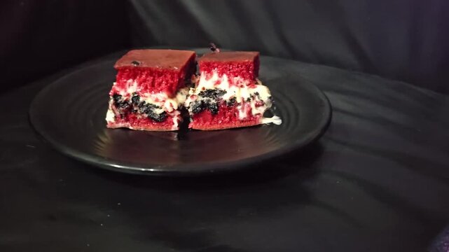 chocolate cake with candle,Martabak manis red velvet with black cookies and cheese filling.Sweet Indonesian pancake filled with black cookies and cheese.Sweet red velvet martabak,Terang bulan 