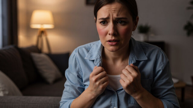 Young caucasian woman feels scared and confused, looking wide eyed with flushed cheeks, clutching her shirt in a moment of distress.