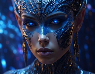 Close-up of a fantasy figure with a metallic blue face mask and glowing blue eyes, set against a blurred background