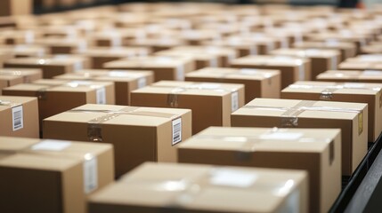 Rows of cardboard boxes on a conveyor belt in a warehouse ready for shipping