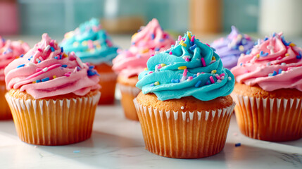 Colorful cupcakes with vibrant icing and sprinkles arranged on kitchen counter for celebration
