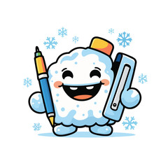 a smiling frosty office supplies character (a pen, notebook, and stapler combined into one cute winter creature).