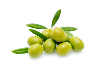 green olives with green leaves isolated on white background.