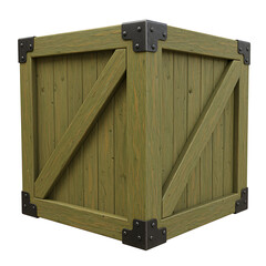 Realistic old wooden crate or box with metal corner supports