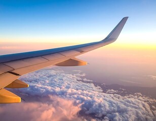 Airplane wing with clouds at sunset offer a scenic and inspiring aerial view