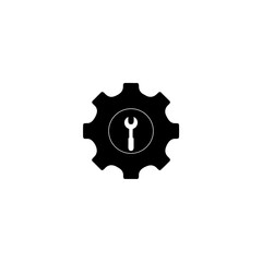 Black gear with wrench inside a circle in the center on transparent background