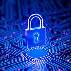 Digital padlock glowing on a futuristic blue circuit board representing cybersecurity