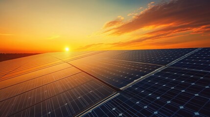 Solar panels gleam at sunset providing clean energy for a sustainable future