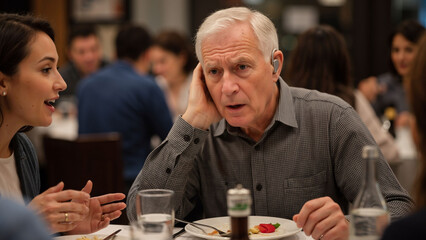 Senior man struggling to hear while talking to a woman at dinner. Hearing loss and communication difficulty. Health issue and family support.