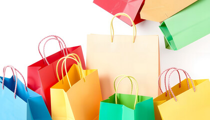 Colorful shopping bags arranged in a dynamic composition on a white background