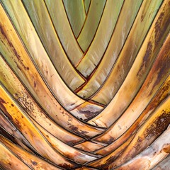 Close-up of a fan-shaped plant structure showcasing layers of warm brown and green hues. The veined patterns create a symmetrical composition