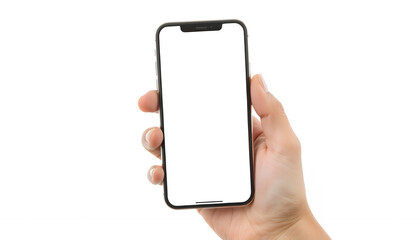 Hand holding a modern smartphone with a blank white screen