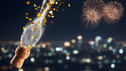 A champagne cork popping with golden confetti and fireworks over a city skyline at night, symbolizing celebration and New Year's Eve.