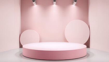 Empty pink pedestal stage with spotlight illumination and geometric shapes