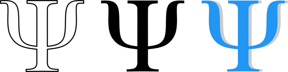 Psi symbol icon set in outline, solid, and blue styles. Ideal for psychology, mental health, science, education, research graphics, logos, apps, and modern symbol designs.