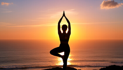 Silhouette of a woman practicing yoga tree pose at sunset by the ocean