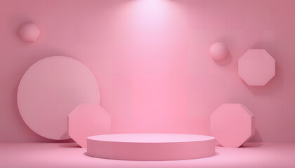 Soft pink stage with spotlight and geometric shapes for product display