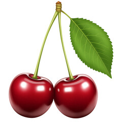 Two shiny red cherries with stem and green leaf illustration
