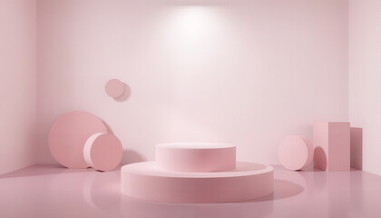 Minimalist pink stage with geometric shapes and spotlight