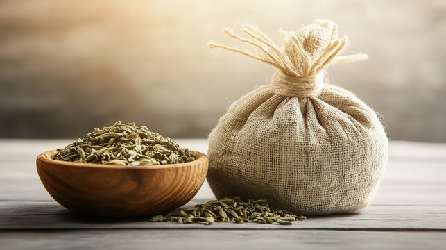 poultice. Herbal poultice wrapped in linen cloth beside a wooden bowl of dried herbs, natural remedy concept. menu design.