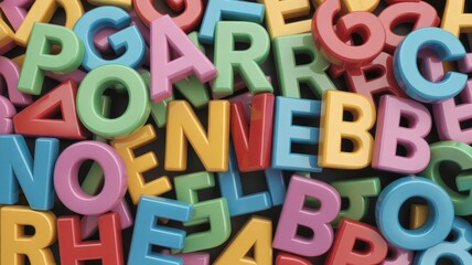 Pile of brightly colored, three dimensional alphabet blocks scattered randomly across a surface